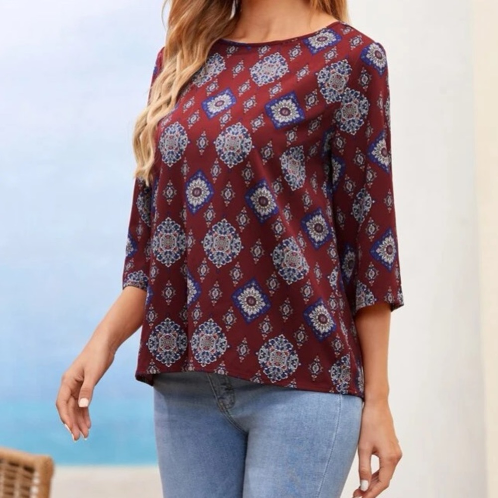 Emery Rose | Burgundy 3/4 Sleeve Blouse - Picture 4 of 10